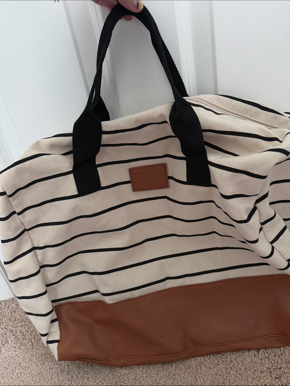 Toms Striped Canvas Tote Bag with Brown Faux-Leather Base - Black & Cream